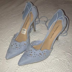 Baby blue ankle wrap pumps